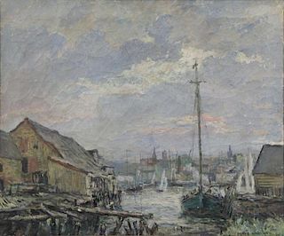 WORTMAN, Denys. Oil on Canvas. Harbor Scene, 1915.