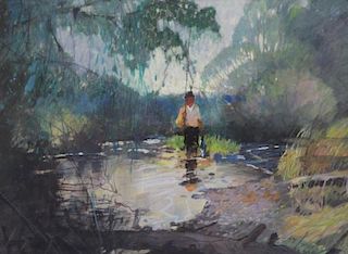 MASON, Roy. Watercolor. Fisherman in River.