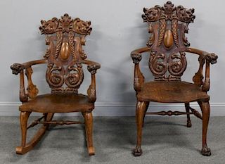 Victorian Highly Carved Oak Rocking Chair and