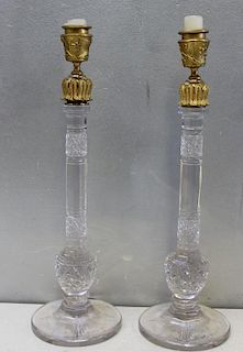 Pair of Cut Glass Candlesticks with Bronze Tops.