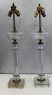 BACCARAT. Pair of Column Form Glass and Gilt Metal