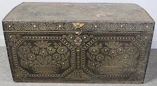 Antique Continental Leather Dowry Trunk With
