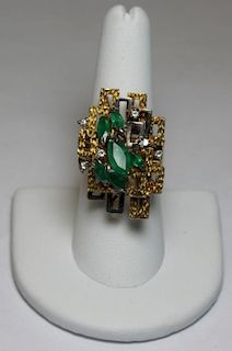 JEWELRY. Modernist 18kt Gold, Emerald and Diamond
