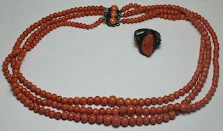 JEWELRY. Carved Coral Jewelry Grouping.