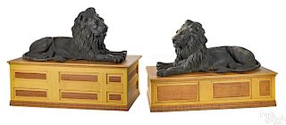 Pair of life-sized patinated bronze lions