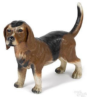 Painted cement beagle lawn ornament