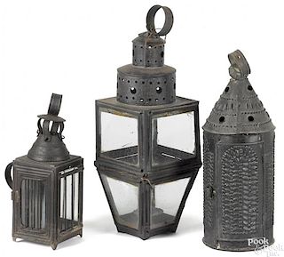 Three Pennsylvania tin candle lanterns, 19th c.