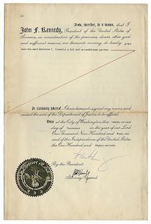 Presidential Pardon Signed by John F. Kennedy.