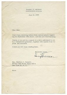 Two signed Harry S. Truman letters, together with an invitation flyer and admission ticket to a Testimonial Dinner for “The