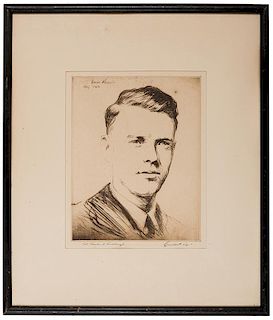 Portrait Etching of Charles Lindberg Signed.