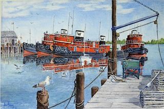 Allan Halladay Mohegan Bay Maine Tugboats Painting