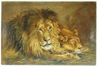 M.E. Green Impressionist O/C Lion Lioness Painting