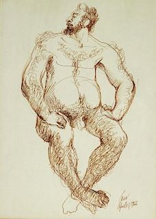 MCM Modernist Sepia Pen Drawing of Male Nude