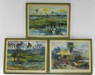 3 Thai Rural Genre WC Harbor Landscape Paintings