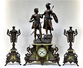French Alabaster Girandole Mantle Clock Set