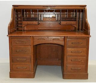 American Oak Banker's S Roll Double Pedestal Desk