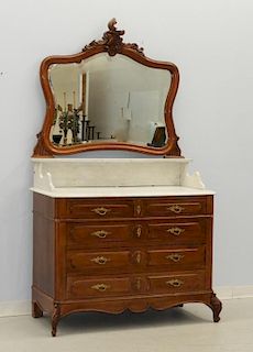 French Rococo Oak Four Drawer Marble Top Chest