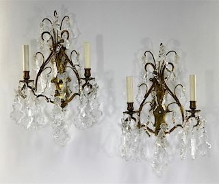 PR European Art Nouveau Brass & Crystal Sconces