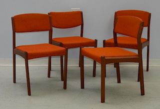 4 Danish MCM Teak Wood Orange Upholstered Chairs
