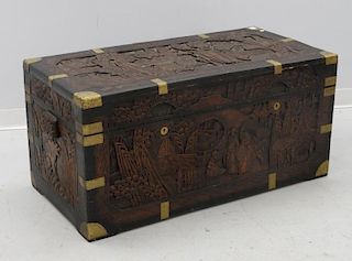 Chinese Carved Camphor Wood Brass Bound Chest