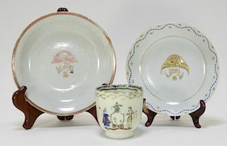 3 PC Chinese Export Eagle Porcelain Saucers & Cup