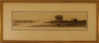 Antique Signed Etching of a Village Near a River