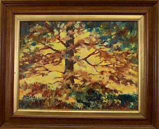 American School Painting of Autumnal Tree, Signed