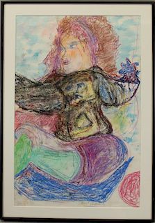 20th C Colored Pencil Abstract Woman Figure, Signd