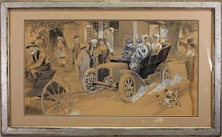 20th C Painting of Figures Near Broken Down Car