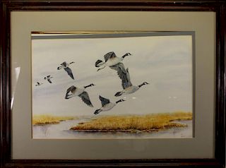 20th C. Watercolor of Geese in Flight, Signed