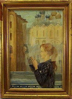 Signed, Russian Painting of Girl Holding Window