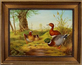 Signed, 20th C. Painting of Ducks Near Stream