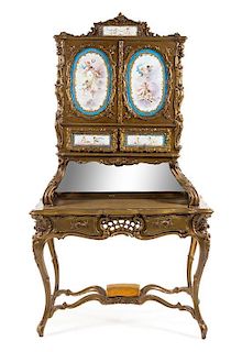 A Louis XV Style Porcelain Inset Writing Desk Height 74 x width 40 1/2 x depth 23 1/2 inches.