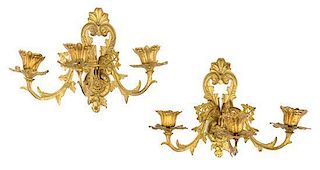 * A Pair of Louis XV Style Gilt Bronze Three-Light Sconces Height 9 1/4 x width 12 1/2 inches.