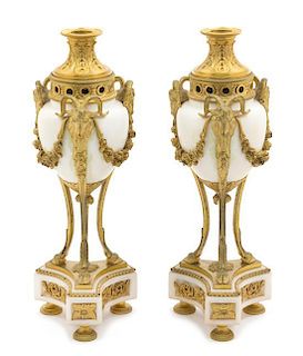 A Pair of French Gilt Bronze Mounted Marble Cassolettes Height 15 1/2 inches.