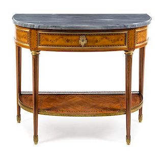 A Louis XVI Style Kingwood and Marquetry Console Desserte Height 35 x width 41 x depth 16 1/2 inches.