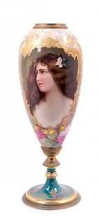 * A Gilt Metal Mounted Limoges Porcelain Portrait Vase Height 20 inches.