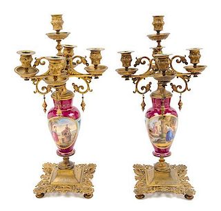 A Pair of Sevres Style Gilt Metal Mounted Five-Light Candelabra Height 18 1/4 inches.