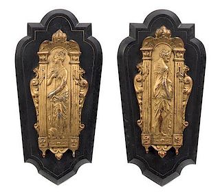 A Pair of French Gilt Bronze and Stone Plaques Height 7 7/8 inches.