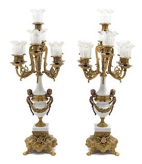 A Pair of Napoleon III Style Gilt Bronze and Marble Seven-Light Candelabra Height 26 inches.