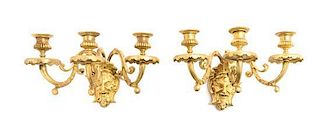 * A Pair of Napoleon III Gilt Bronze Three-Light Sconces Height 5 inches.