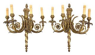 A Pair of French Gilt Bronze Four-Light Sconces Height 21 3/4 inches.
