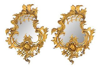 A Pair of Baroque Style Gilt Bronze Mirrors Height 19 1/2 x width 13 1/2 inches.