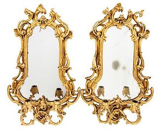 A Pair of Rococo Style Giltwood Girandole Mirrors Height 31 x width 18 inches.
