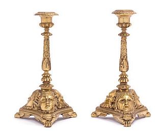 * A Pair of Neoclassical Gilt Bronze Candlesticks Height 9 inches.