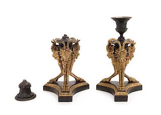 * A Pair of Neoclassical Gilt and Patinated Bronze Candlesticks Height 8 7/8 inches.