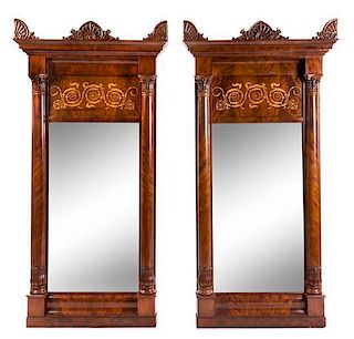 A Pair of Italian Empire Marquetry and Mahogany Pier Mirrors Height 74 1/2 x width 34 inches.