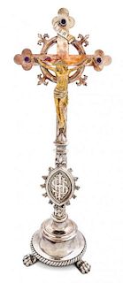 A Jeweled Silvered Bronze Altar Crucifix Height 30 1/2 inches.