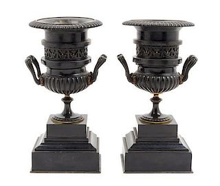 * A Pair of Continental Bronze Urns Height 11 inches.