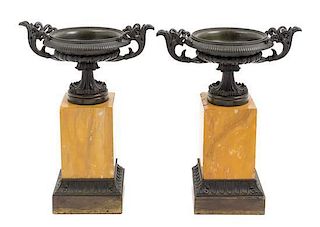 A Pair of Grand Tour Bronze and Marble Urns Height 10 1/2 inches.
